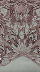 GEOMETRIC BEADED DESIGN ON A MESH LACE FABRIC (By The Yard)