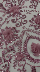 Floral 3D Palm Damask with Glitter in a Mesh Lace- Sold by the yard.