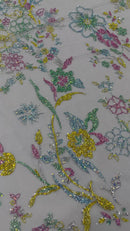 Multi Color Roses Glitter Design On A Mesh Lace Fabric| New Creations Fabric & Foam Inc