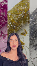 3D BEADED BUTTERFLY LACE ON A MESH FABRIC (By The Yard)