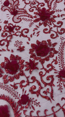 Floral 3D Palm Damask with Glitter in a Mesh Lace- Sold by the yard.
