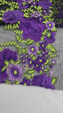 Roses Multi Color Floral Design Embroider On Mesh Lace Fabric (by the yard)