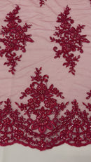 FLORAL DAMASK BEADED LACE ON MESH FABRIC (By The Yard)