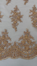 FLORAL DAMASK BEADED LACE ON MESH FABRIC (By The Yard)