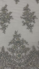 FLORAL DAMASK BEADED LACE ON MESH FABRIC (By The Yard)