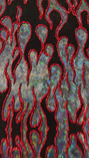 Hot Rod Tricot Holographic 4 Way Spandex With Black Flocking Flames And Red Glitter Fabric-