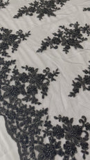 FLORAL DAMASK BEADED LACE ON MESH FABRIC (By The Yard)