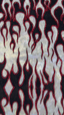 Hot Rod Tricot Holographic 4 Way Spandex With Black Flocking Flames And Red Glitter Fabric-