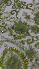 Floral 3D Palm Damask with Glitter in a Mesh Lace- Sold by the yard.