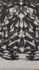 GEOMETRIC BEADED DESIGN ON A MESH LACE FABRIC (By The Yard)