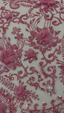 Floral 3D Palm Damask with Glitter in a Mesh Lace- Sold by the yard.