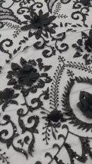 Floral 3D Palm Damask with Glitter in a Mesh Lace- Sold by the yard.