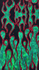 Hot Rod Tricot Holographic 4 Way Spandex With Black Flocking Flames And Red Glitter Fabric-