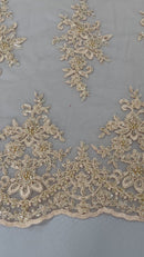 FLORAL DAMASK BEADED LACE ON MESH FABRIC (By The Yard)