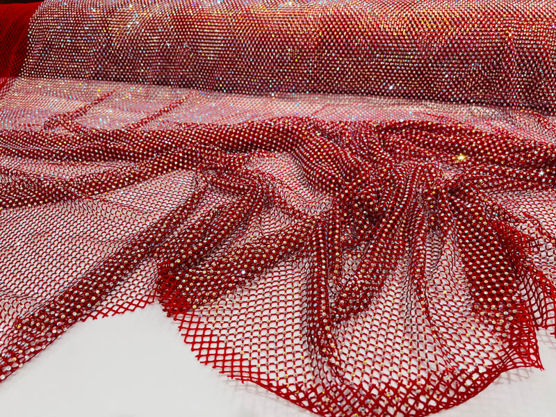 Red Fish Net Fabric Soft Stretch 45" Wide AB Iridescent Rhinestones-sold by The Yard.