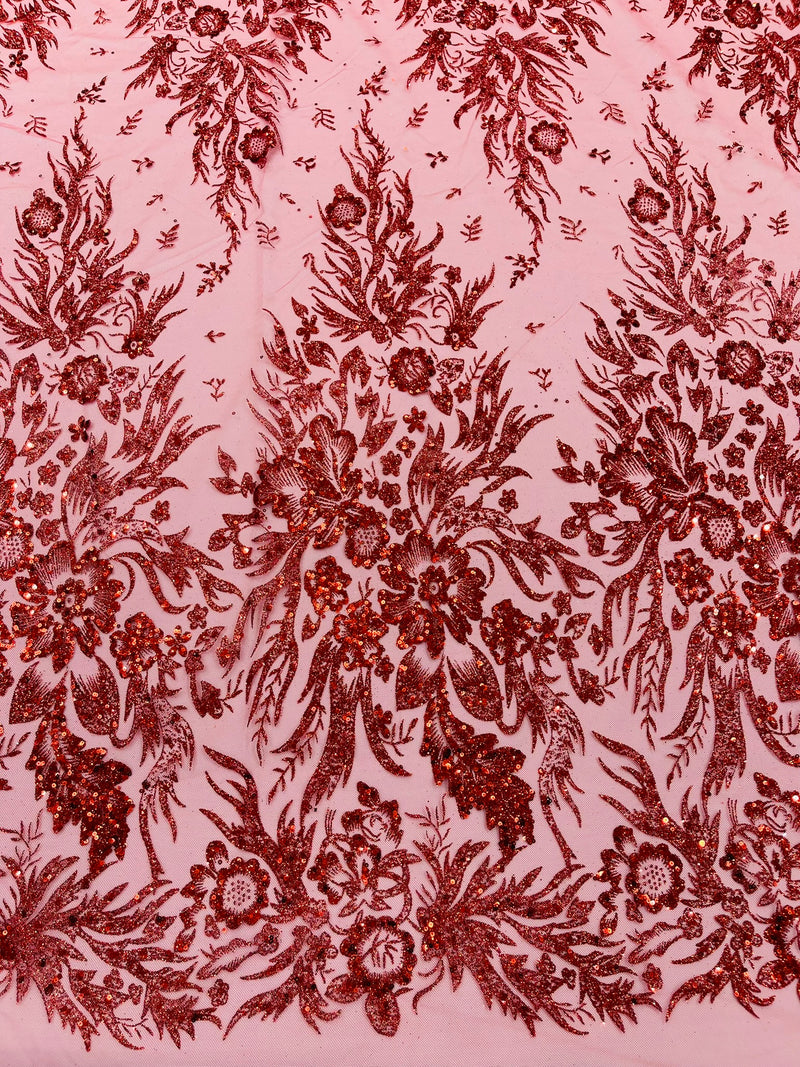 Big Glitter Damask Design On A Mesh Lace Fabric/Prom/Sold By The Yard