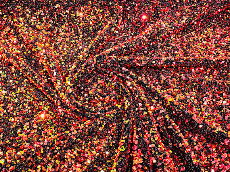 Red/Orange Iridescent/Black  Sequin Stretch Velvet Fabric 58 Inches wide /Prom/ Sold By The Yard.