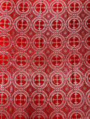 Red/Silver - Rectangular Metallic Cross Brocade Jacquard Satin Tablecloth Overlay/Religious Brocade/Liturgical Fabric/Church. - New Creations Fabric & Foam Inc