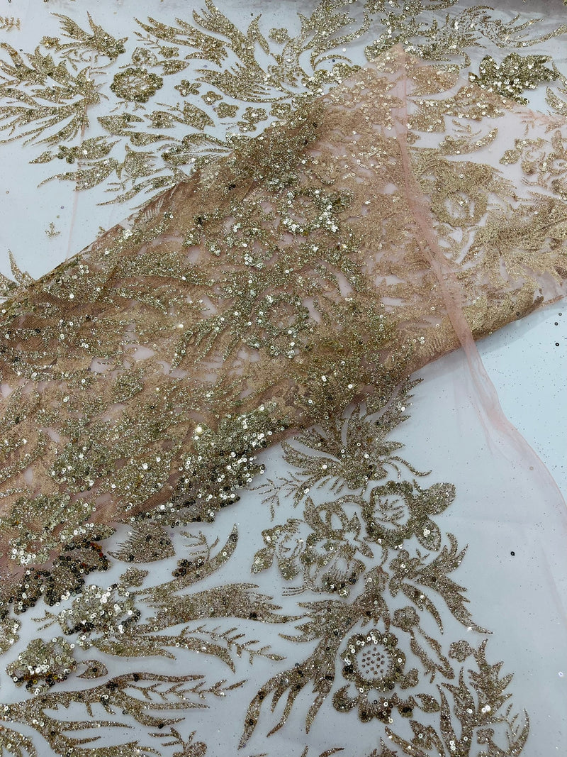 Big Glitter Damask Design On A Mesh Lace Fabric/Prom/Sold By The Yard