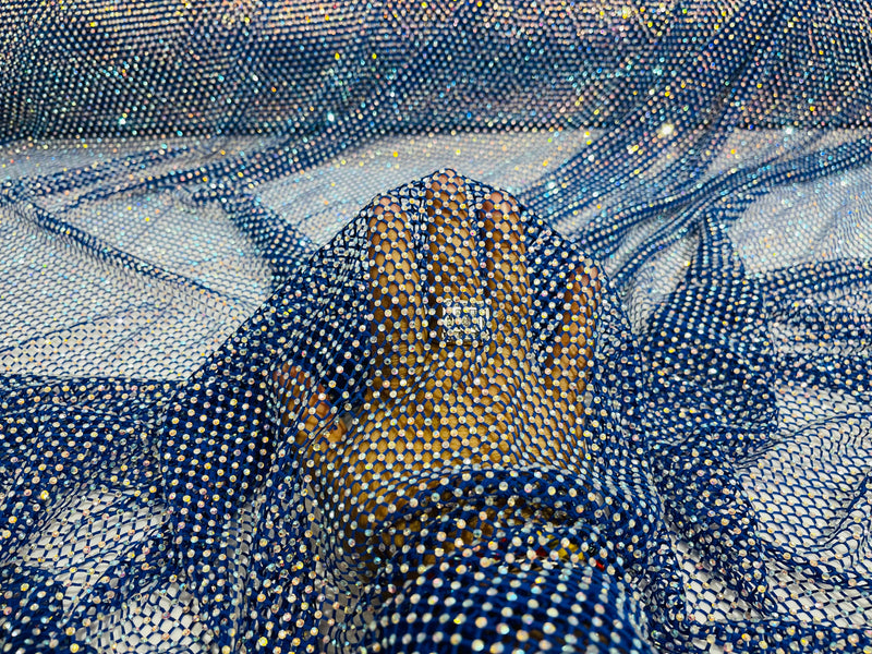 Royal Blue Fish Net Fabric Soft Stretch 45" Wide AB Iridescent Rhinestones-sold by The Yard.