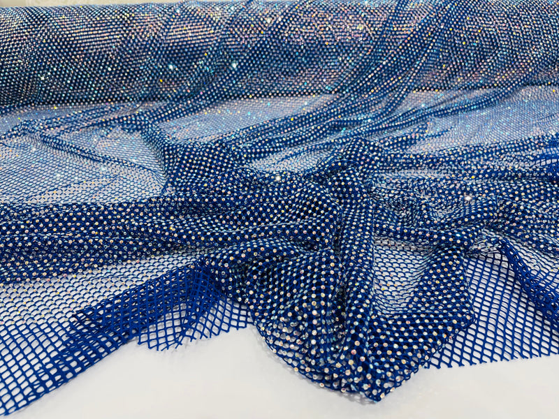 Royal Blue Fish Net Fabric Soft Stretch 45" Wide AB Iridescent Rhinestones-sold by The Yard.
