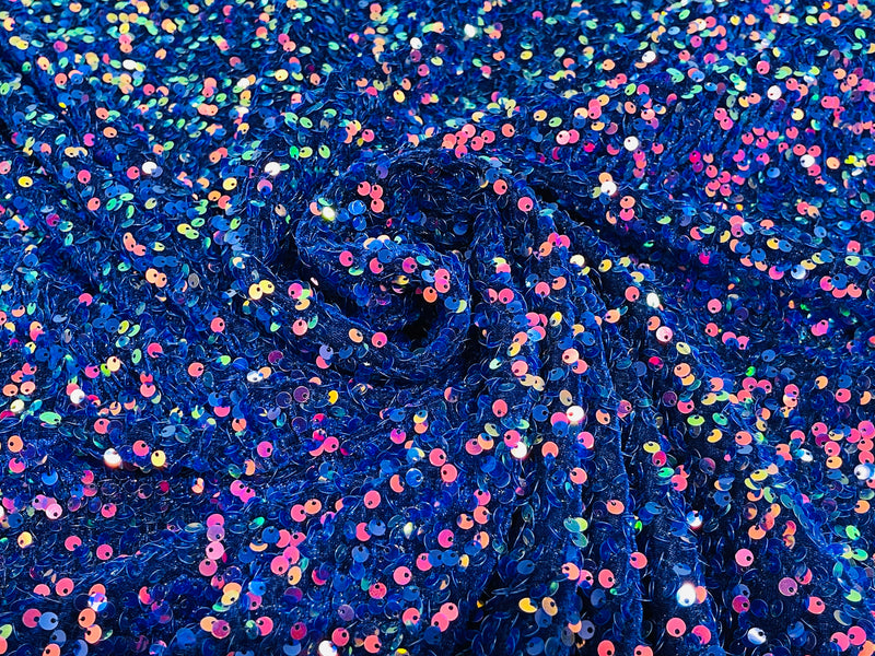Royal Rainbow Iridescent/Royal Blue Sequin Stretch Velvet Fabric 58 Inches wide /Prom/ Sold By The Yard.