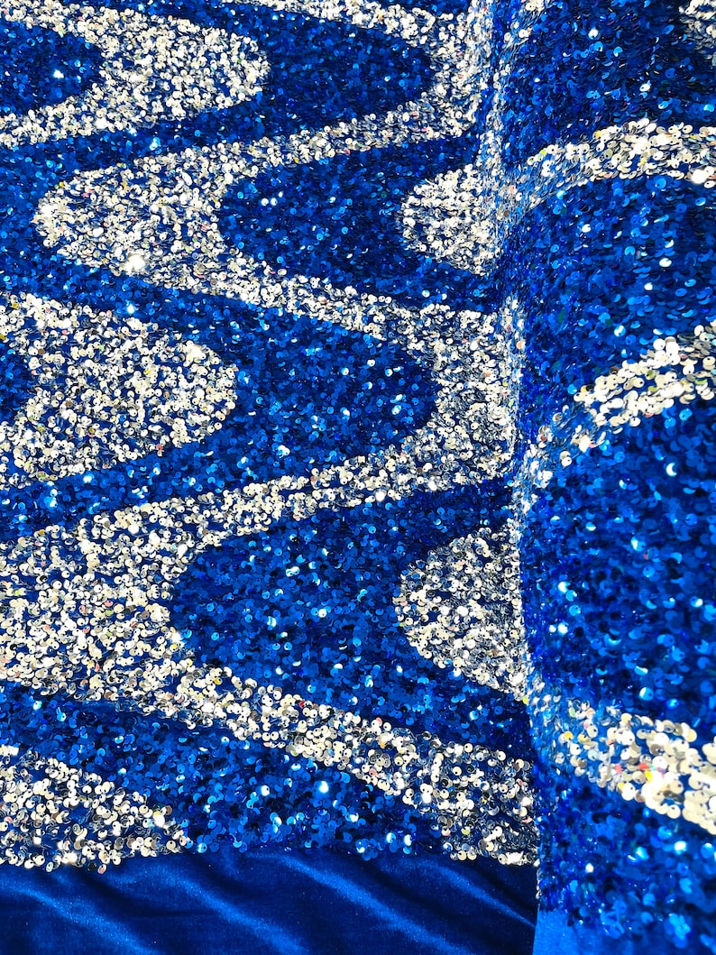 Silver/Royal Blue Sequin Wave Design stretch Velvet All Over Sequin.