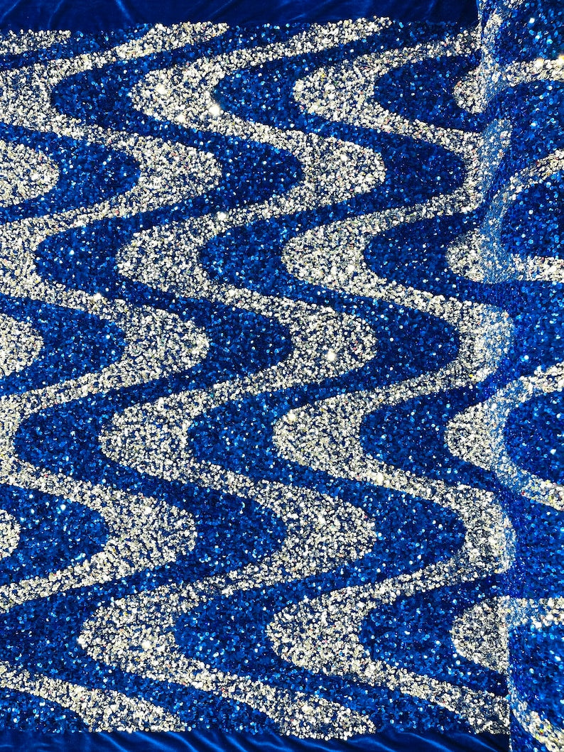 Silver/Royal Blue Sequin Wave Design stretch Velvet All Over Sequin.