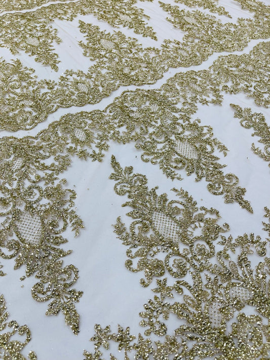 Trim Glitter Damask Design On A Mesh Lace 58" Wide| New Creations Fabric & Foam Inc. - New Creations Fabric & Foam Inc