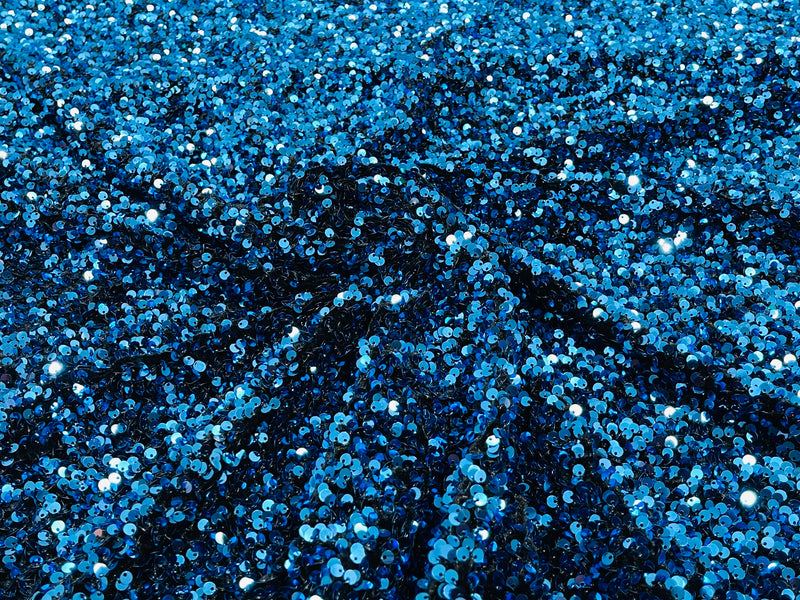 Turquoise Sequin On A Black Stretch Velvet Fabric 5mm,58 Inches wide /Prom/ Sold By The Yard.