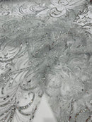 Vine Glitter Design On A Mesh Lace Fabric/Prom - New Creations Fabric & Foam Inc