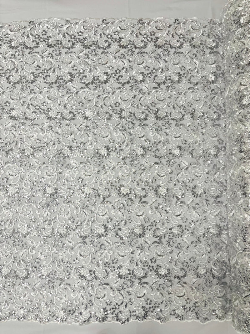 White-Silver Angela Metallic corded embroider flowers with sequins on a mesh lace fabric-prom-sold by the yard.