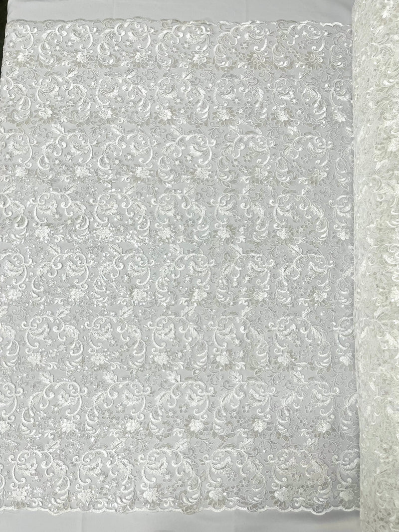 White Angela Metallic corded embroider flowers with sequins on a mesh lace fabric-prom-sold by the yard.