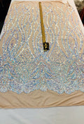48"-50" iridescent phoenix flames sequin design on a 4 way stretch mesh-prom-nightgown-sold by the yard