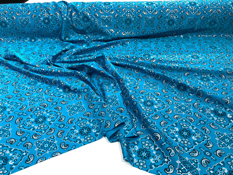 Turquoise Blue 58/59" Wide Bandana Print on Lycra 4 Way Stretch  Spandex, Sold By The Yard.