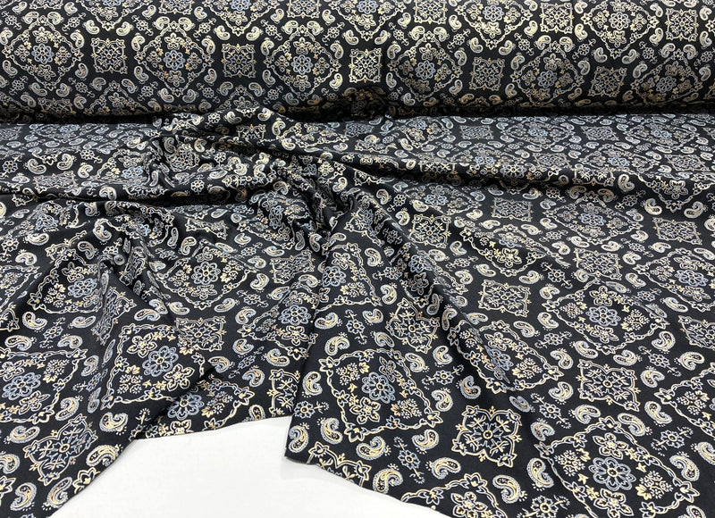 Gold 58/59" Wide Bandana Print on Black Lycra 4 Way Stretch  Spandex, Sold By The Yard.