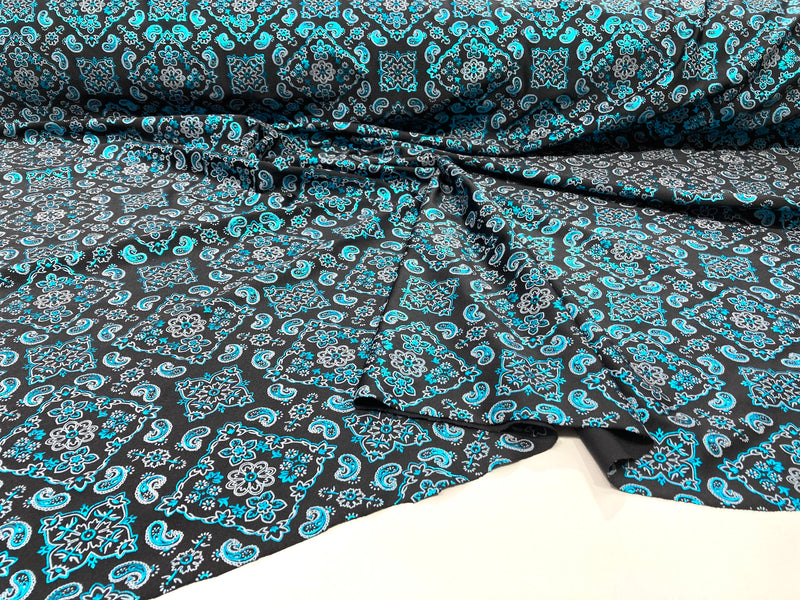 Turquoise Blue 58/59" Wide Bandana Print on Black Lycra 4 Way Stretch  Spandex, Sold By The Yard.
