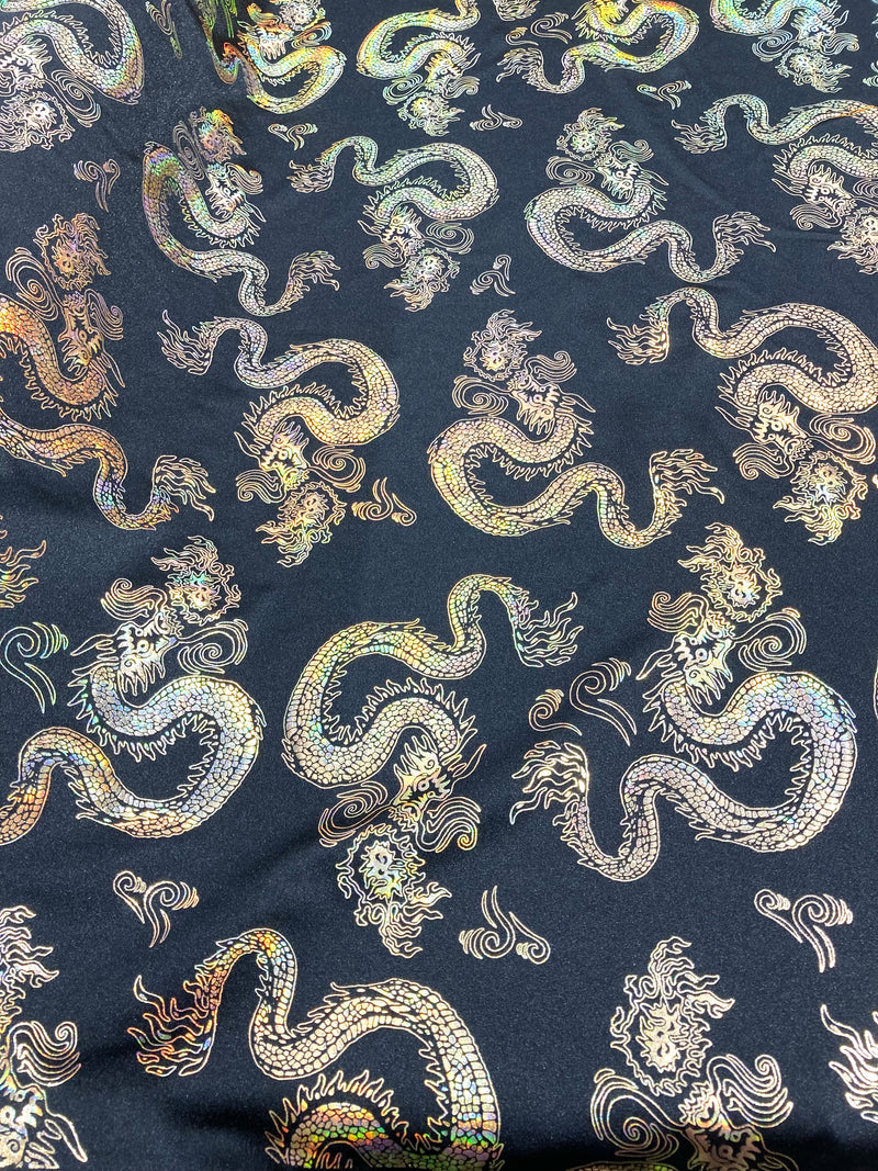 Gold 58/59" Wide Dragon Foil Print on Black Lycra 4 Way Stretch  Spandex, Sold By The Yard.