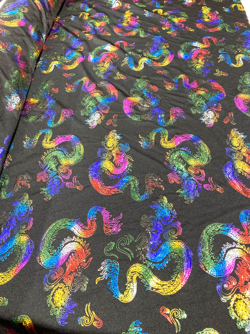 Multi Color 58/59" Wide Dragon Foil Print on Black Lycra 4 Way Stretch  Spandex, Sold By The Yard.