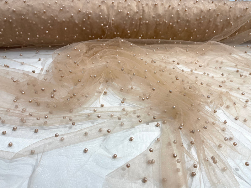 Champagne Scattered Pearls Studded Mesh, 2-Way Stretch, sold by the yard.