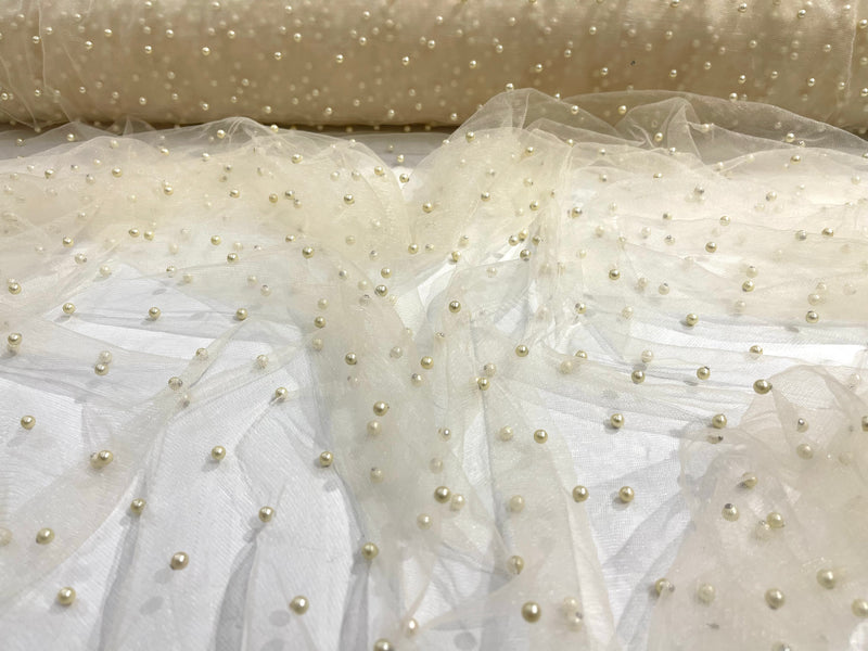 Ivory Scattered Pearls Studded Mesh, 2-Way Stretch, sold by the yard.