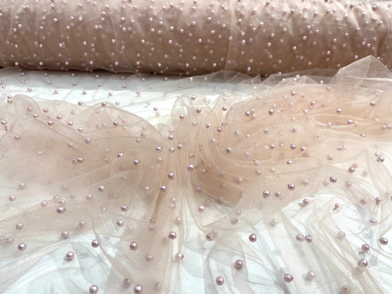 Blush Pink Scattered Pearls Studded Mesh, 2-Way Stretch, sold by the yard.