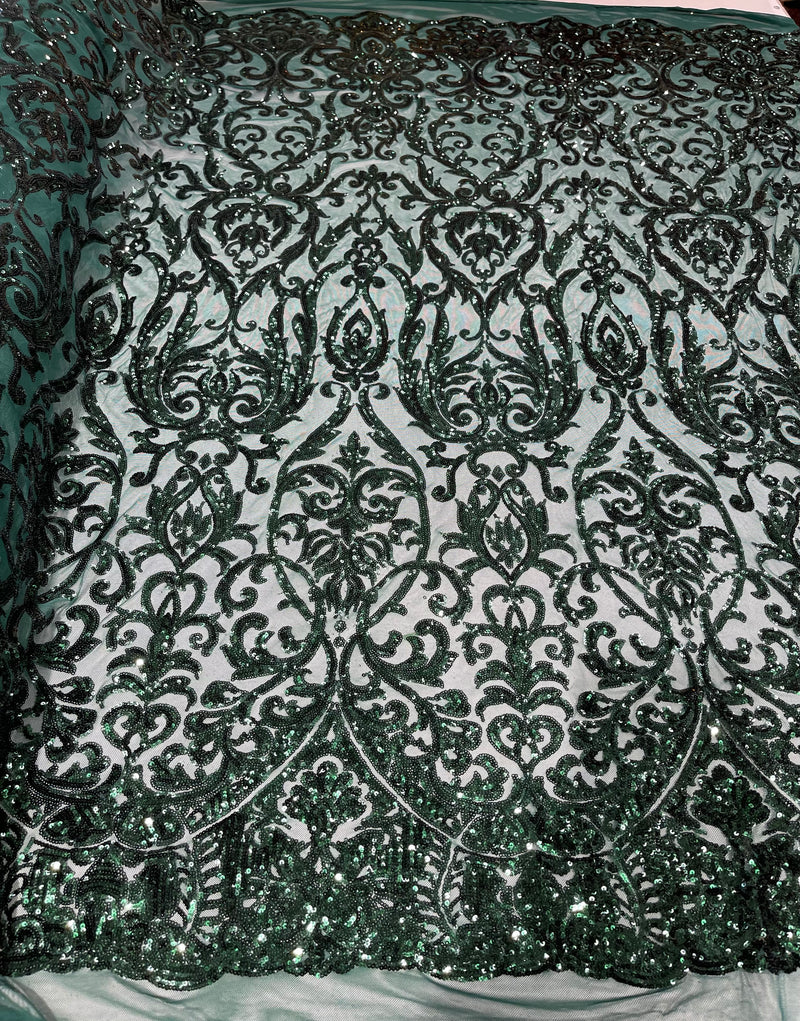 Hunter Green shiny sequin damask design on a 4 way stretch mesh- sold by the yard.