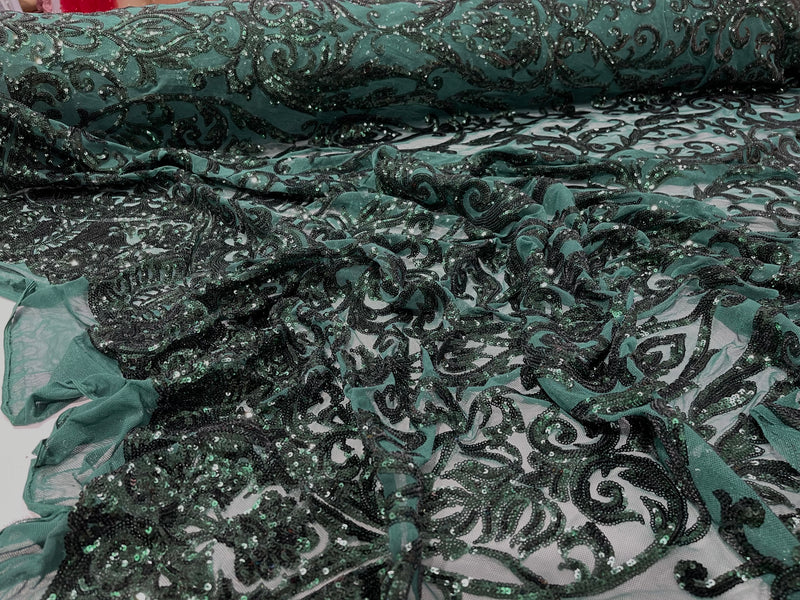 Hunter Green shiny sequin damask design on a 4 way stretch mesh- sold by the yard.