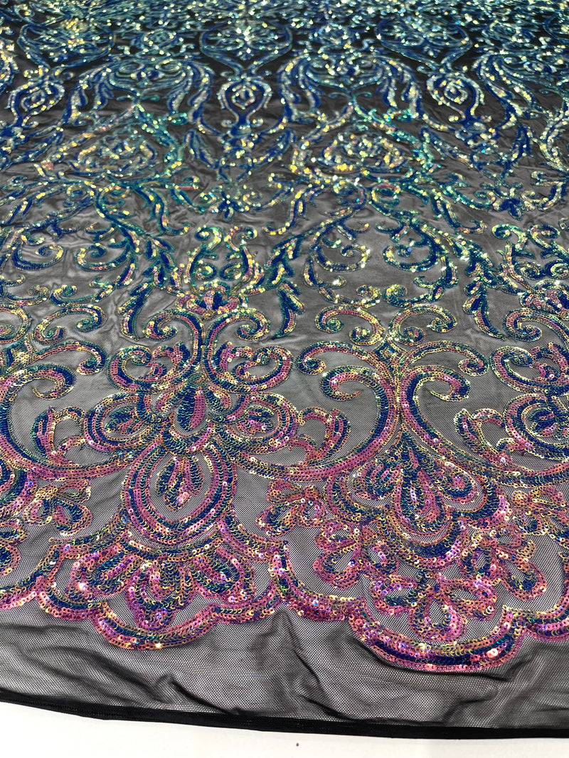 Rainbow iridescent shiny sequin damask design on a black 4 way stretch mesh-prom- sold by the yard.