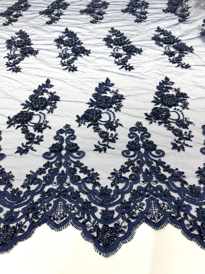 Navy Blue elegant hand beaded flower design embroider on a mesh lace-prom-sold by the yard.