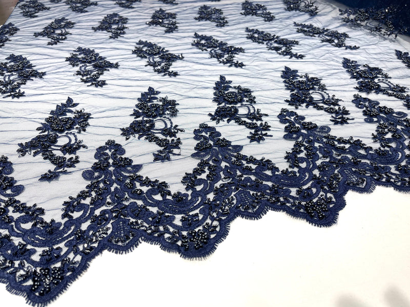 Navy Blue elegant hand beaded flower design embroider on a mesh lace-prom-sold by the yard.