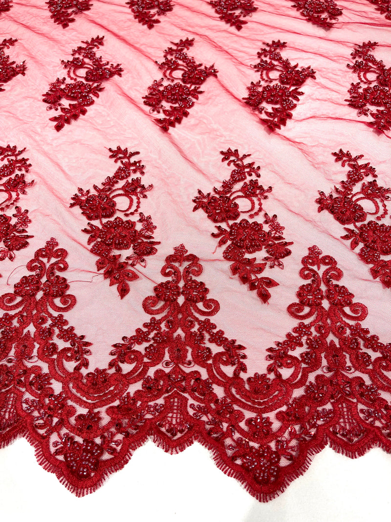 Red elegant hand beaded flower design embroider on a mesh lace-prom-sold by the yard.