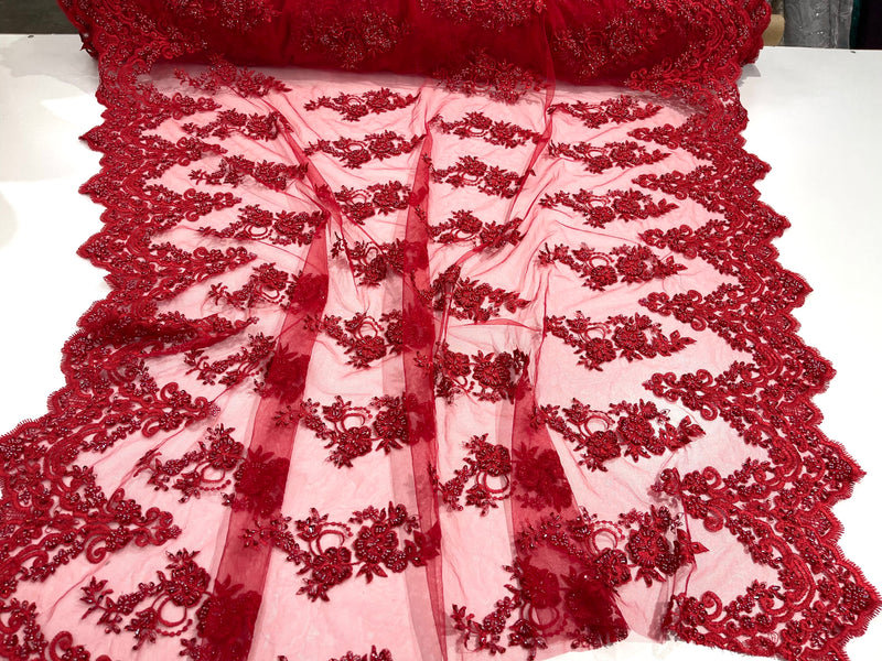 Red elegant hand beaded flower design embroider on a mesh lace-prom-sold by the yard.
