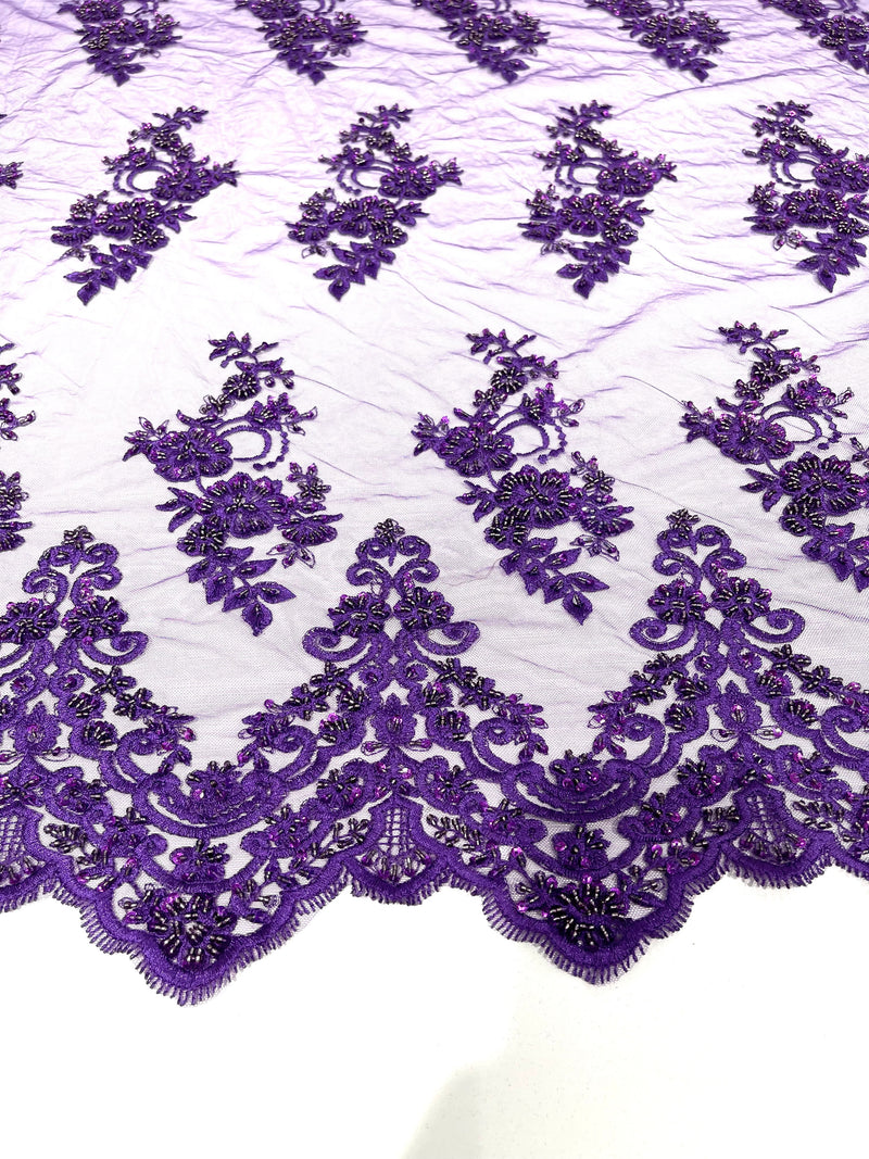 Purple elegant hand beaded flower design embroider on a mesh lace-prom-sold by the yard.